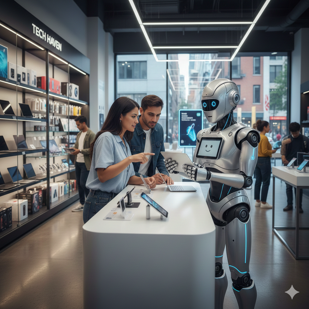 Robô humanoide atendendo clientes  em uma loja.